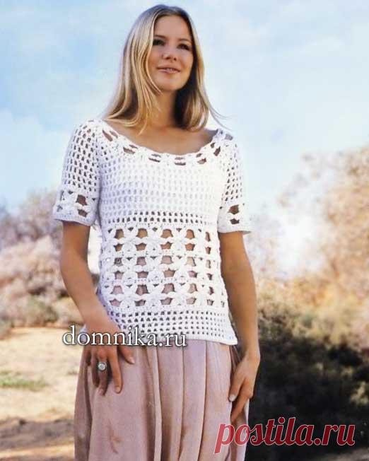 Белая вязаная кофточка с цветочным узором - схемы вязания крючком
