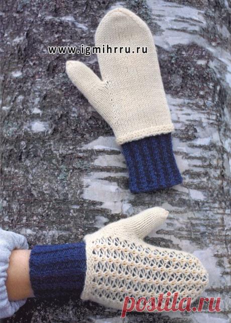 Двойные варежки с бусинками. Спицы