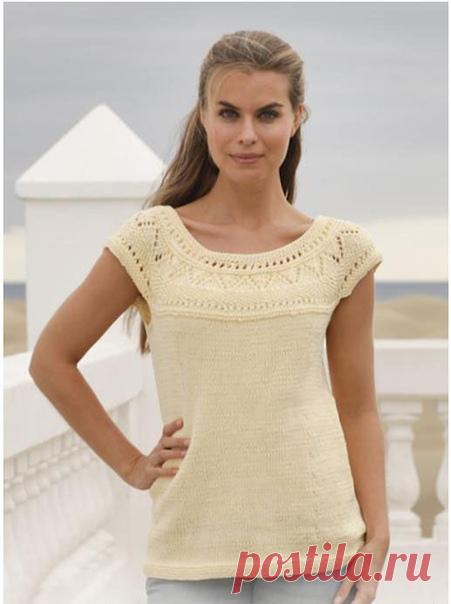 1 Летняя кофточка спицами с ажурной кокеткой
2 Топ с воротником стойкой
