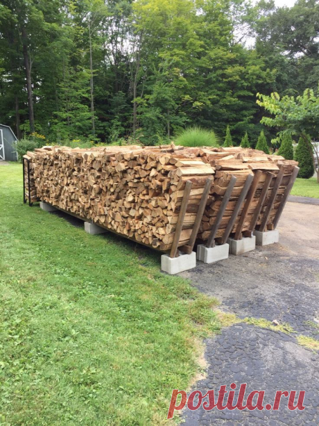 Firewood stacking racks holds 1 cord per  row. Made with 3 cinder blocks , 4 8ft 2x4 and 2 8ft 1x3 (cut in half length wise for ends. Total cost per rack = $18.00