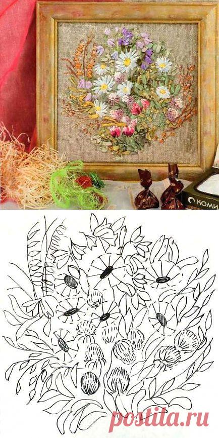 Полевые цветы - вышивка лентами со схемой.