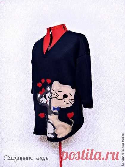 Вязаный пуловер "Влюблённые котята" - тёмно-синий,рисунок,туника,туника вязаная