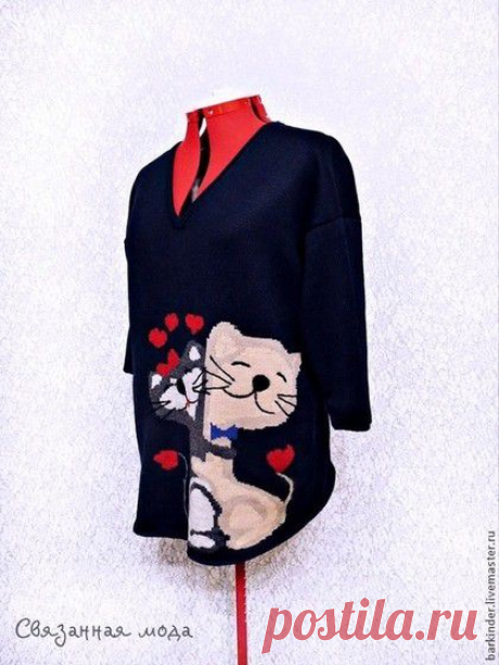 Вязаный пуловер &quot;Влюблённые котята&quot; - тёмно-синий,рисунок,туника,туника вязаная