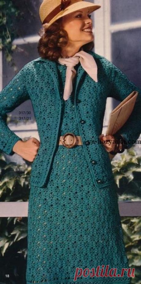 Комплект платье и жакет крючком. Женский костюм крючком со схемами Шикарный комплект из платья и жакета связанный крючком. Элегантная модель женского костюма крючком со схемами