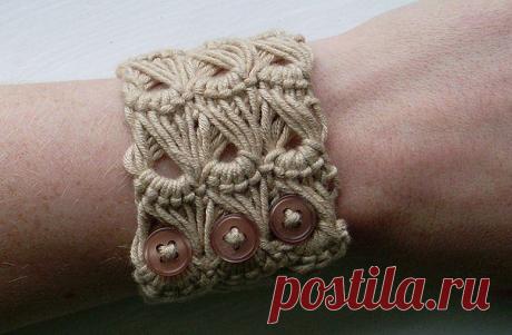ОРИГИНАЛЬНЫЙ ЛЕТНИЙ вязаный  браслет крючком, перуанским узором &quot;Брумстик&quot;.