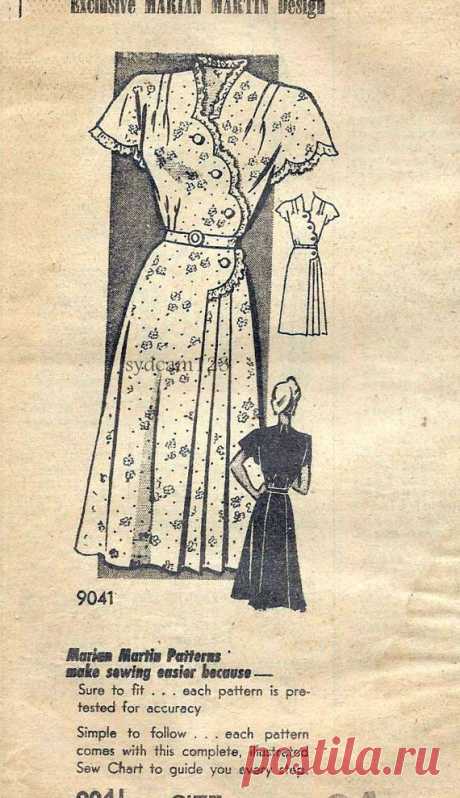 Vintage 1940s Scallop Bodice Dress Pattern Flutter Sleeves Diagonal Button…