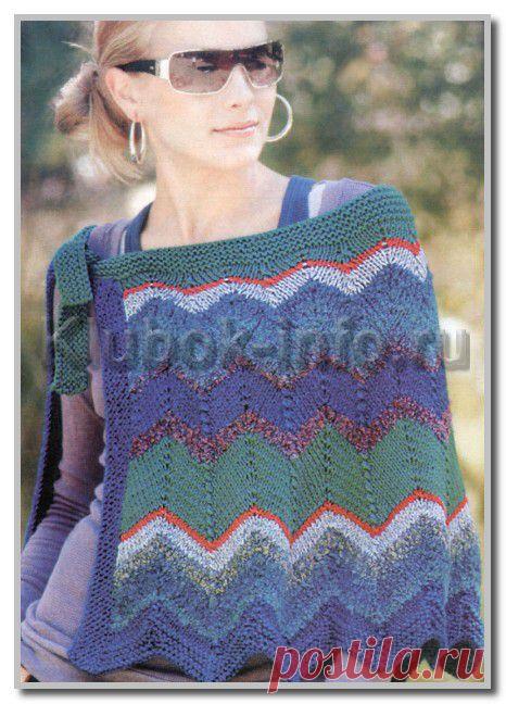 Вязание спицами. Женские модели. Накидка в цветную полоску, на завязке и с волнистым узором