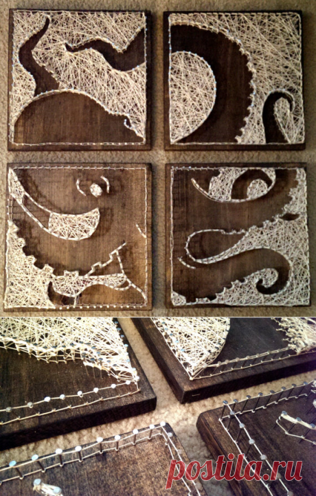 4 panel Octopus Nail and String Art Original от brokenwingArts
