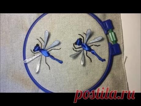 Стрекоза вышитая лентами с красивыми крылышками / Dragonfly embroidered with ribbons