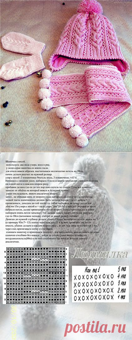 Розовый комплект(шапочка , варежки , шарф.