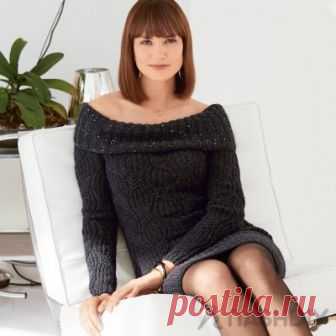 Вязаное платье спицами с открытыми плечами Вязаное платье спицами с открытыми плечамиВырез кармен с мерцающими миниатюрными пайетками задержит взгляд в области плеч, а сочетание резинки с «косами» подчеркнет стройную фигуру.РАЗМЕРЫ32/34 (36/38-40/42)ВАМ ПОТРЕБУЕТСЯПряжа (100% шерсти альпака; 167 м/50 г) — 500 (600-700) г антрацитовой; пряжа