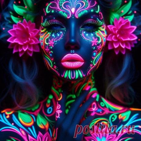 Неоновое сияние: гипнотические татуировки и яркие узоры на теле девушки. Картинка из нейросети Dalle 3 - Dalle примеры промтов - Форум ИИ о нейросетях - Yes Ai