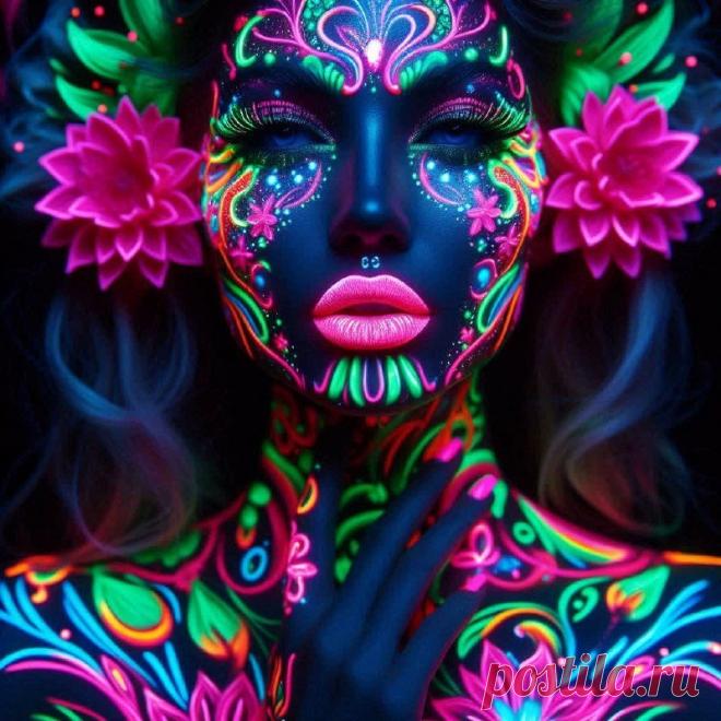 Неоновое сияние: гипнотические татуировки и яркие узоры на теле девушки. Картинка из нейросети Dalle 3 - Dalle примеры промтов - Форум ИИ о нейросетях - Yes Ai