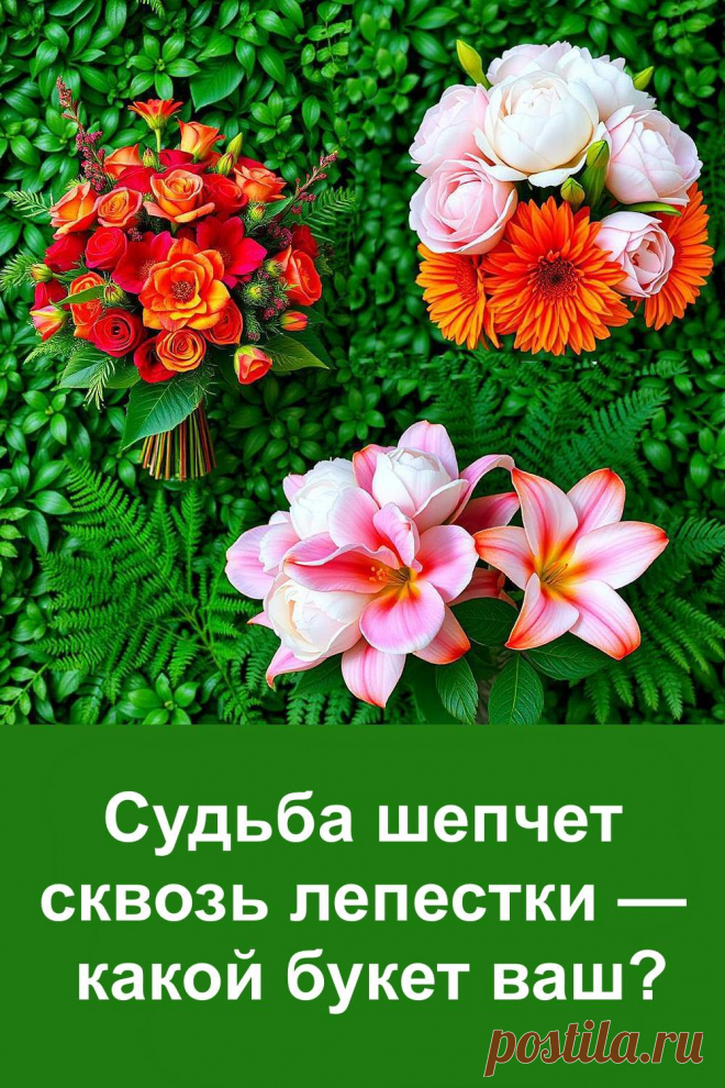Перед вами три красивых букета, каждый из которых несёт особый смысл. Этот тест поможет вам понять, что пытается сказать судьба. Всё просто: выберите один букет, который привлёк взгляд, и прочитайте, что за ним скрывается. Никакой магии — только интересный подход, который увлечёт и удивит. Проверьте сами!