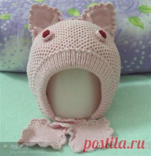 Шапочка с ушками для девочки, спицами