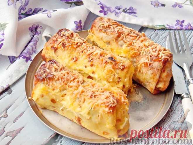 Рецепт: Яичные блинчики с начинкой из курицы, грибов и сыра на RussianFood.com