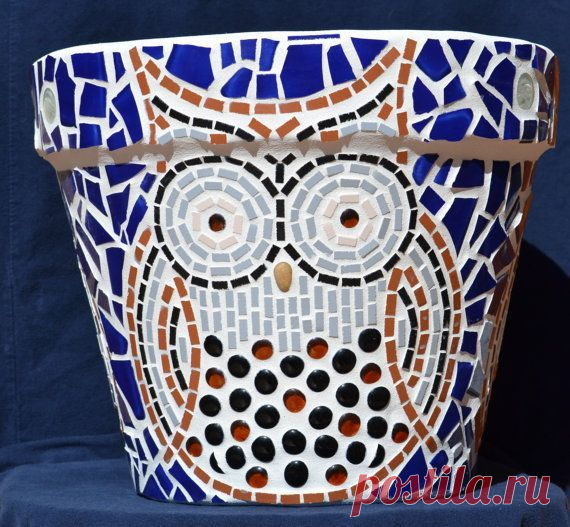 Mosaic Flower Pot - 3 Big-Eyed Owls surrounded by cobalt blue ceramic tile