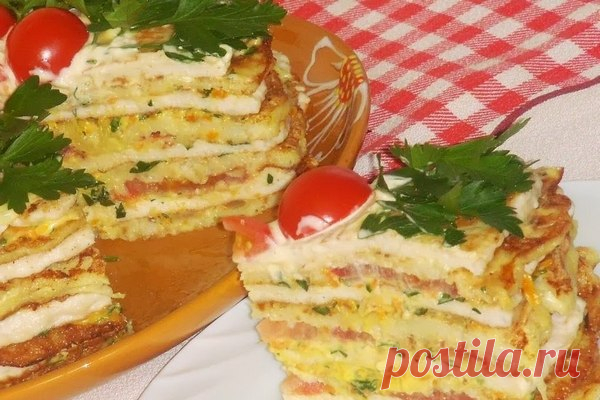 Кабачковый торт с овощами и куриным фаршем