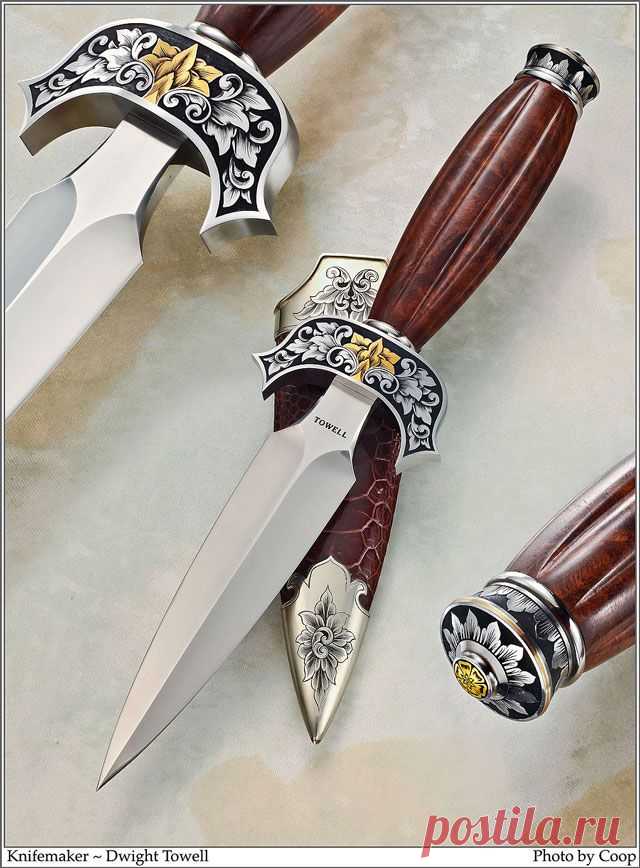 Нож обоюдоострый от Dwight Towell. Гравировка. Растительный орнамент. Всечка золотом.