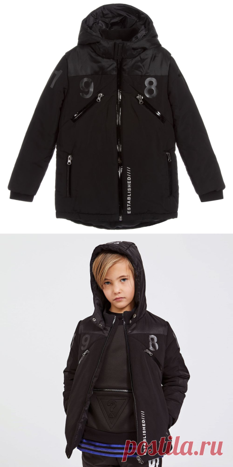 Guess - Boys Black Hooded Logo Coat | Childrensalon
