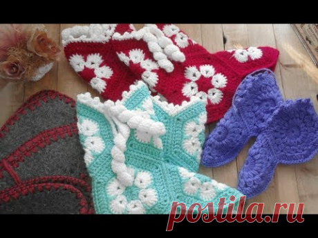 3ч. Тапочки сапожки из шестиугольников крючком)
