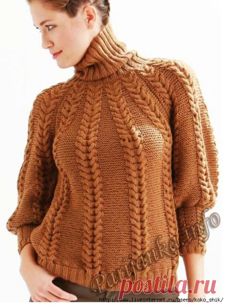Женский свитер, связанный от горловины узором &quot;Косы&quot;.