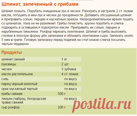 Рецепт: Шпинат, запеченный с грибами на RussianFood.com