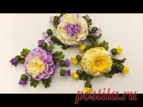 Ribbons Flower and buds.DIY/Flor con brotes de cintas/Цветок с бутонами из лент 2.5см