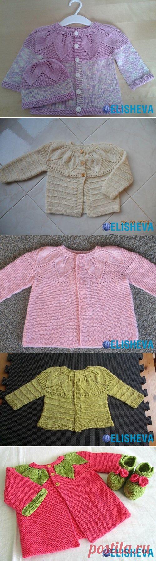 Кардиган для девочки от Barbara Ajroldi с узором «Листья» на круглой кокетке, вязаный спицами