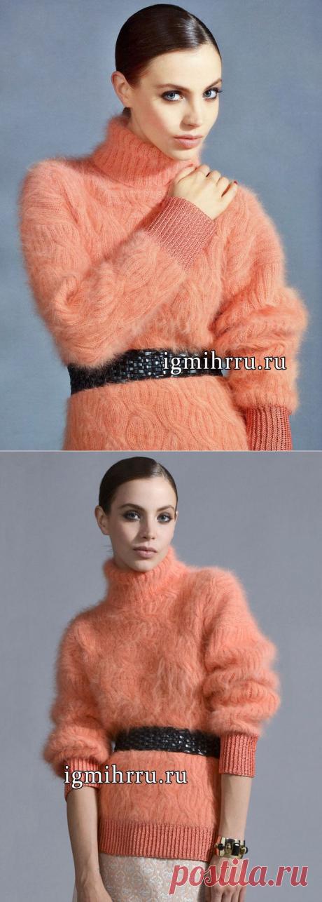 Женственный мягкий свитер розового цвета с косами. Вязание спицами