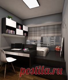 In this bedroom, the designer shows his wit for adding extra space and storage where there is none. While leave the wall with window naked, here, the designer has used the space for an extra seating and storage.   While black is rarely recommended, here it fits ideally with the silver background. Both the girl and boy bedroom have the same concept, with a desk made next to the bed. The difference is in the colour schemes, as the girl room looks more dramatic thanks to the dark black colour. Y...