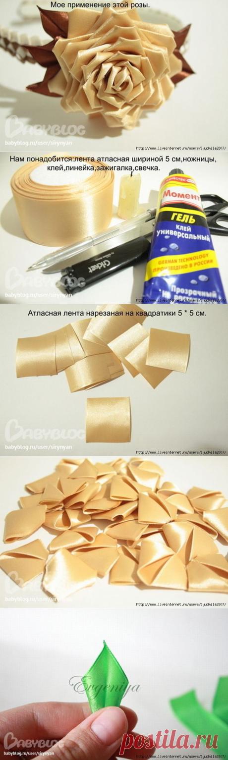 Роза и лепесток из атласной ленты. МК.