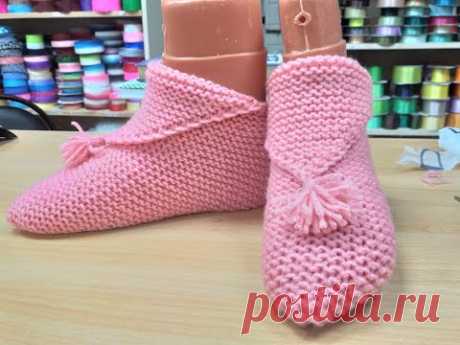 ДОМАШНИЕ ТАПОЧКИ-СЛЕДКИ ОДНИМ ПОЛОТНОМ . Вязание спицами.Homemade knitted slippers. - YouTube