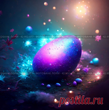 A purple easter egg close-up. The scene is set in a dark, mysterious environment, with a bright light shining on the egg. AI generative art. Стоковое AI-изображение, AI-художник Ilaronsia / Фотобанк Лори