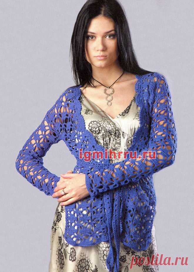 Синий ажурный жакет. Вязание крючком