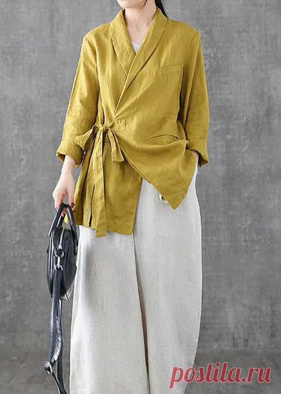 Unique Yellow Peter Pan Collar Pockets Tie Waist Patchwork Linen Coats – SooLinen