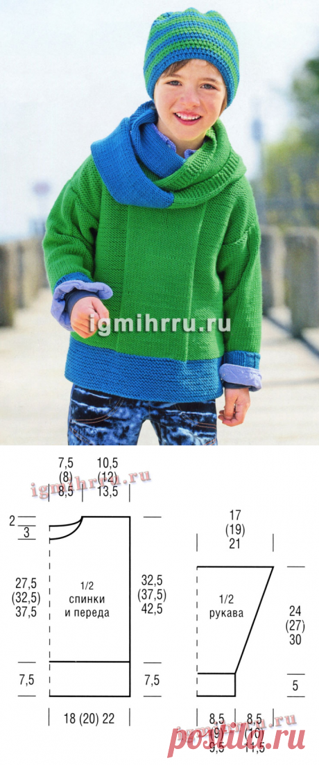 Для мальчика 2-8 лет. Зеленый пуловер с синей отделкой, шапка и шарф-петля. Вязание спицами и крючком для детей