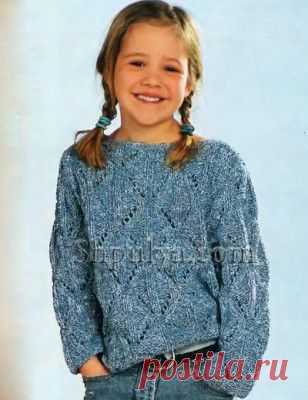 Ажурный голубой пуловер для девочки, вязаный спицами — Шпуля - сайт о вязании