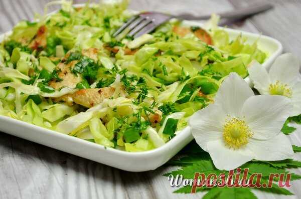 Салат с курицей и молодой капустой.
куриное филе – 400 г,
капуста – 400-500 г,
перья зеленого лука – 30 г,
лимон – 1/3 шт.,
подсолнечное масло – 80 мл,
укроп – 10 веточек,
прованские травы – 1 ч. л.