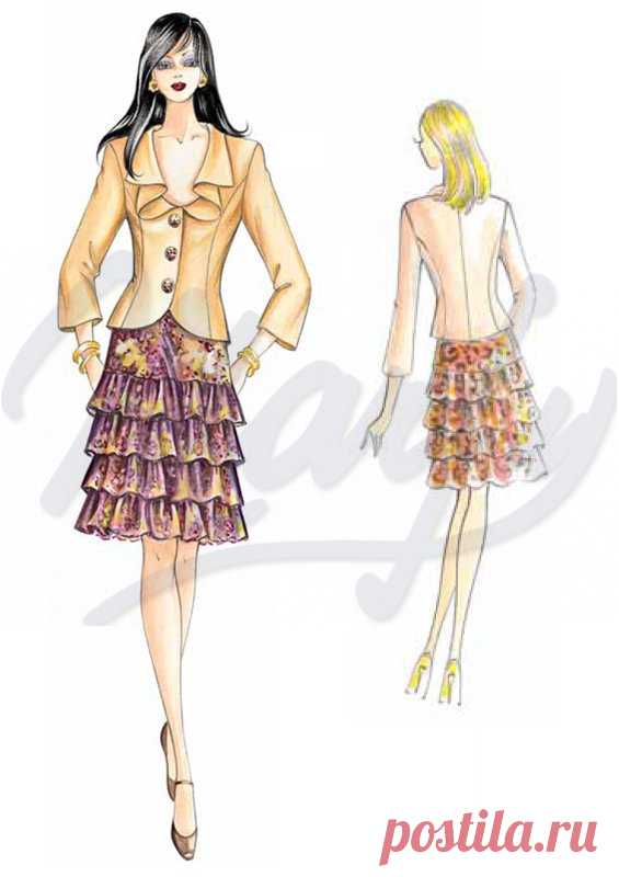 Tejido que se necesita aproximadamente mt 1 60 ancho 1 40 Chaqueta corta de línea modelada cuello cruzado original y ribeteado varias veces para crear un efecto campana mangas 3/4 se abrocha con botones grandes Se puede hacer en shantung crespón raso taffetas Para acompañar con la falda 1608