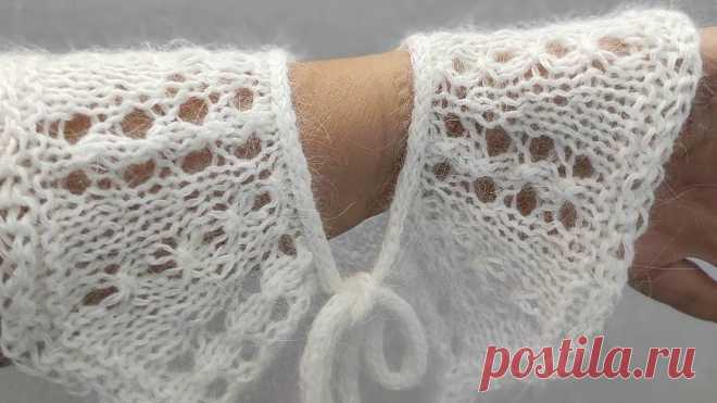 Ажурный воротник спицами. Воротничок для детской кофточки.