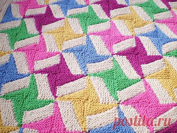 Идея Фрэнки Брауна
1. Вязание квадратов.
Весь рисунок нужно вязать платочной вязкой.
Набираете 1 петлю цвета (А) и с каждым рядом прибавляете по 1 петле, пока их не станет 7. После этого поменяйте цвет на (В) и таким же образом увеличивайте количество петель до 21. После этого вновь вернитесь к цвету (А) и прибавляйте петли до 29 - это средина квадрата. С этого момента начинайте уменьшать количество петель по 1 в ряду. Когда дойдете до 23 - поменяйте цвет на (В), а когда с...