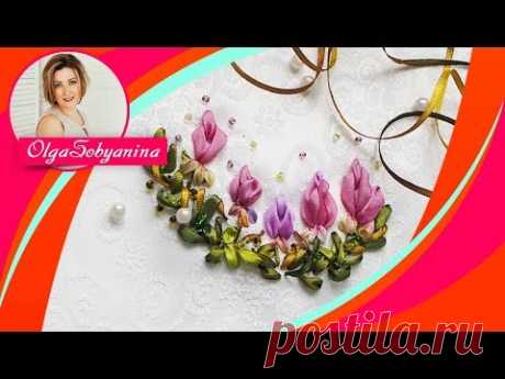 Простые цветочки 🌷 Вышивка лентами для начинающих / A beautiful and simple flower made from ribbon