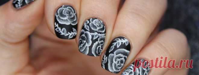 Черный маникюр с цветами: 100 фото красивых идей дизайна