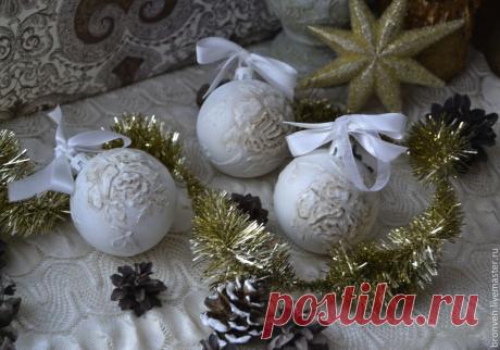 Елочные игрушки, шары в стиле шебби - шик 3штуки - белый,елочные шары