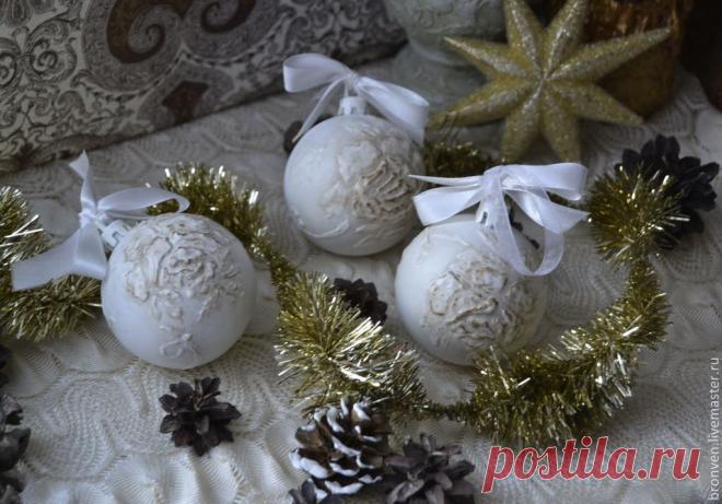 Елочные игрушки, шары в стиле шебби - шик 3штуки - белый,елочные шары
