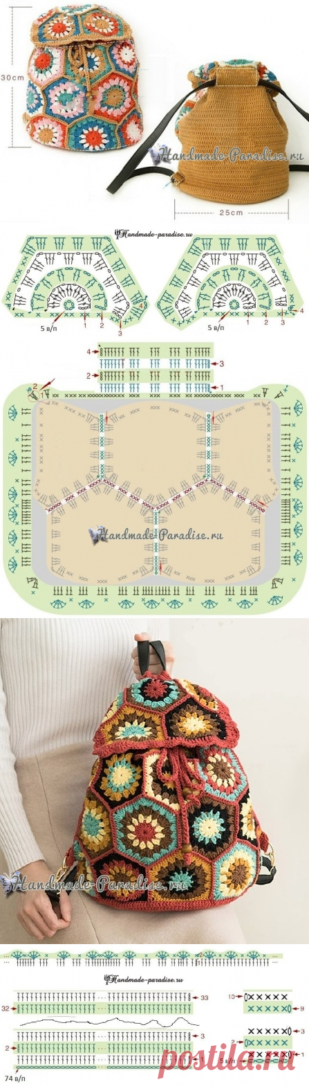 Рюкзак крючком из шестиугольных мотивов. Схемы - Handmade-Paradise