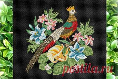 Vintage Cross Stitch Scheme Pheasant and lilies 2 (2008492) | Cross Stitch | Design Bundles