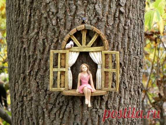 Miniature garden GIRL no wings - mini garden accessory - Girl sitting in miniature window, accessory for fairy garden This miniature widow with little sitting girl will be a lovely addition to your fairy garden or miniature garden. It can be hung from a tree stump or be free standing.  Made of resin. I have added a rustic screen mesh to the window. Comes with or without a tiny bird. Coloring and pose of the bird