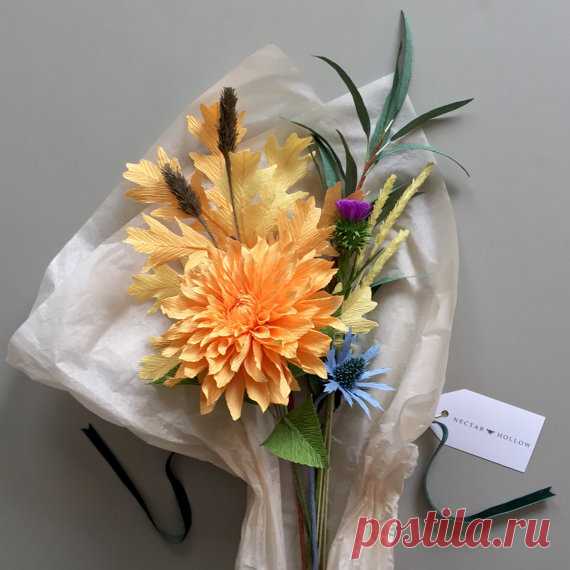 Crepe Paper Harvest Sampler Bouquet - Paper Flowers - Wedding - Thanksgiving - Autumn - Gift - Home Decor - Fall - Bridal - Gold - Decor This colorful, handcrafted fall bouquet includes a gold dahlia, oak leaves, wheat, sea holly, thistle, and willow eucalyptus. Youll never have to add water to your vase and can display this bouquet anywhere you care to enjoy it. Every piece is handcrafted and will be one-of-a-kind. Perfect for your autumn decor, fall wedding, or holiday t...